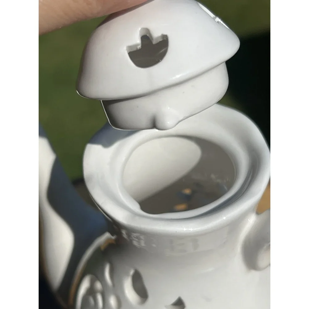 Blue White Porcelain Coffee Pot Tealight Fairy Light Lantern Pierced Floral